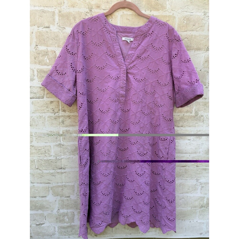Chico's Popover Shirt dress Womens US 12 Lavender Purple Eyelet Scalloped Lined - Picture 2 of 4